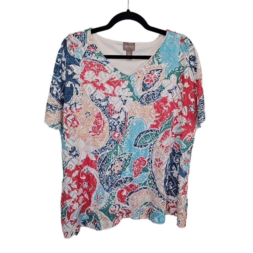 Chico's Size 2 Whimsey Pop Mesh Flutter Sleeve Asymmetrical Top